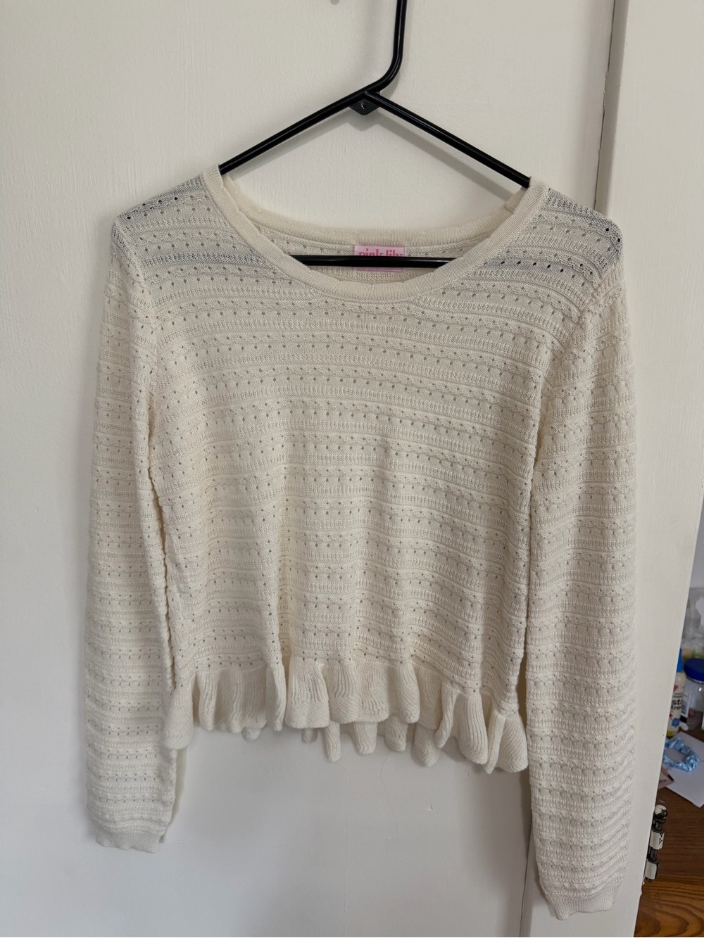 Pink Lily Cream Knit Ruffle-Hem Sweater